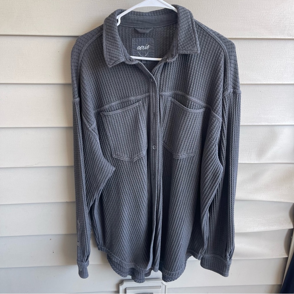 Aerie Lumberjane Waffle Button Up Shirt Smoked Gray Medium Lounge Cozy Boho Sz M - Picture 2 of 10